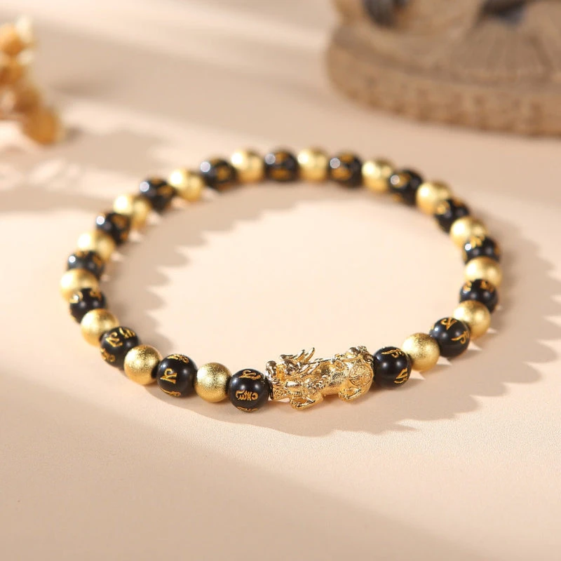 Black & Gold Feng Shui Obsidian Pixiu Charm Bracelet - Image 2