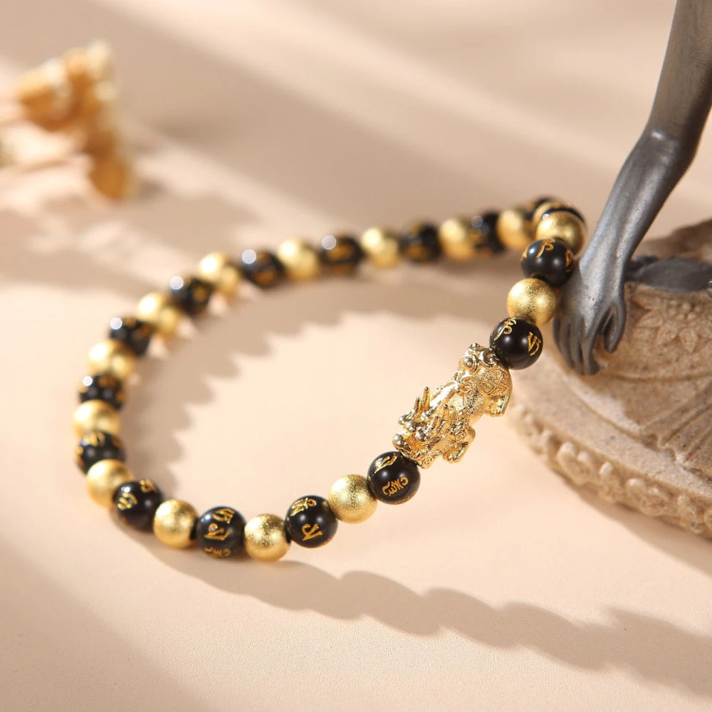 Black & Gold Feng Shui Obsidian Pixiu Charm Bracelet - Image 3