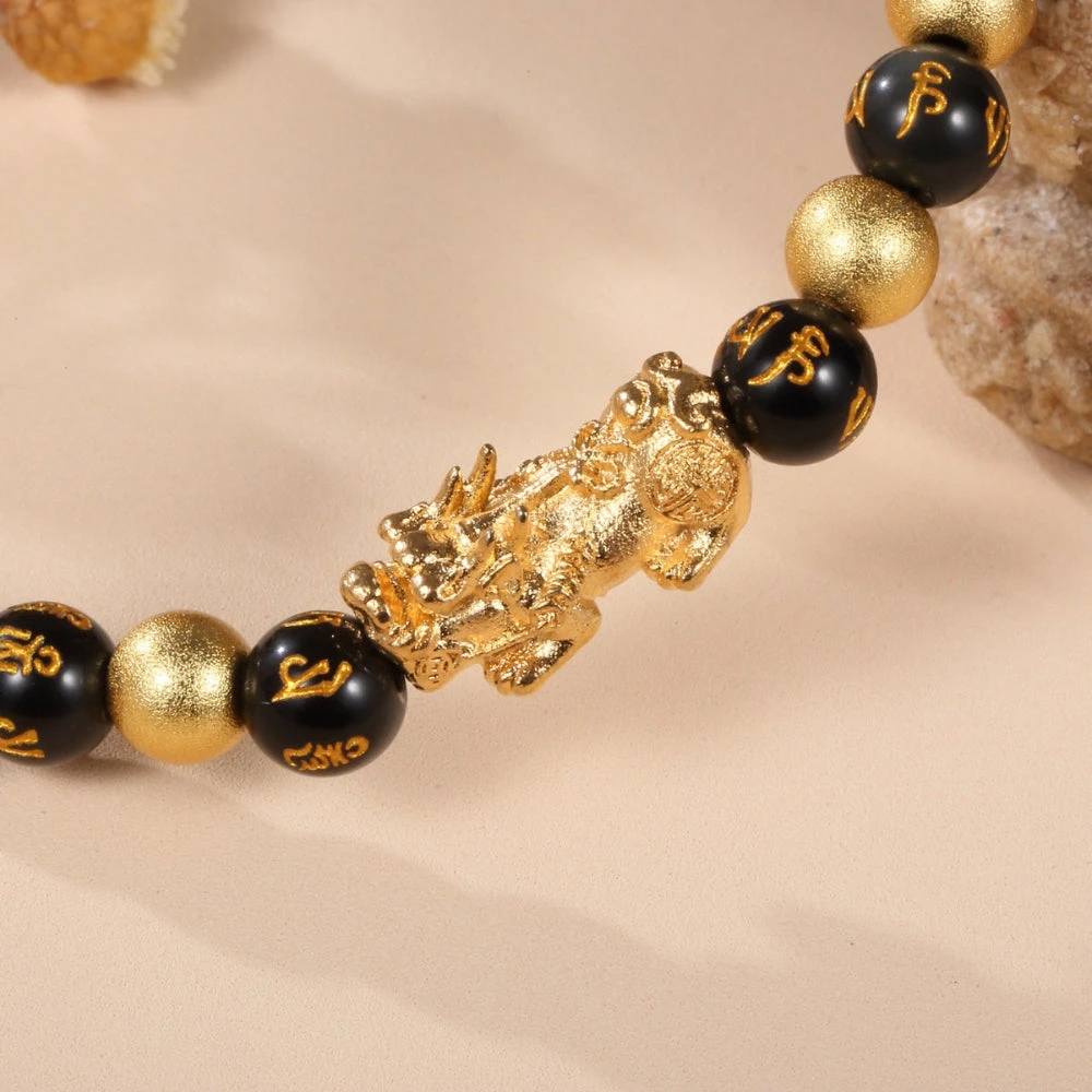 Black & Gold Feng Shui Obsidian Pixiu Charm Bracelet - Image 4
