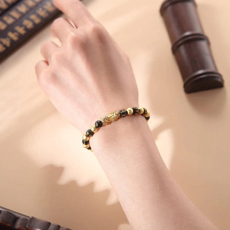 Black & Gold Feng Shui Obsidian Pixiu Charm Bracelet - Image 5