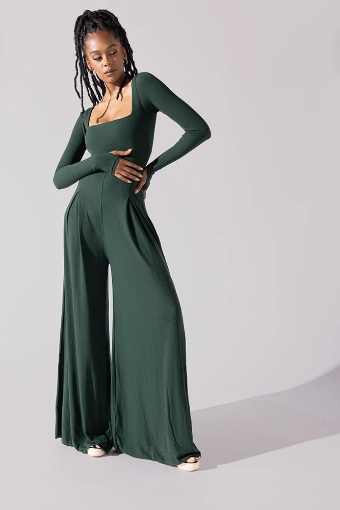 Go With The Flow Long Sleeve Jumpsuit - Pine